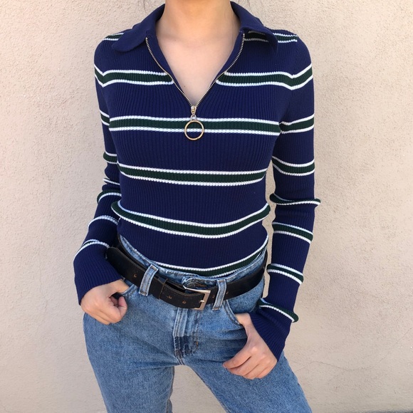 Vintage Striped Blue O-Ring Zip Knit Top - Picture 2 of 4